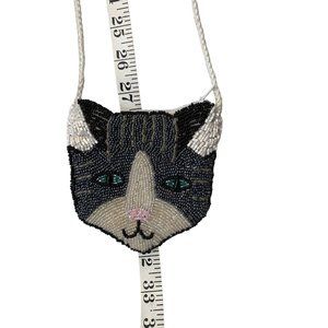 Beaded Cat Shaped Small Zipper Purse w/Long Strap Cross body